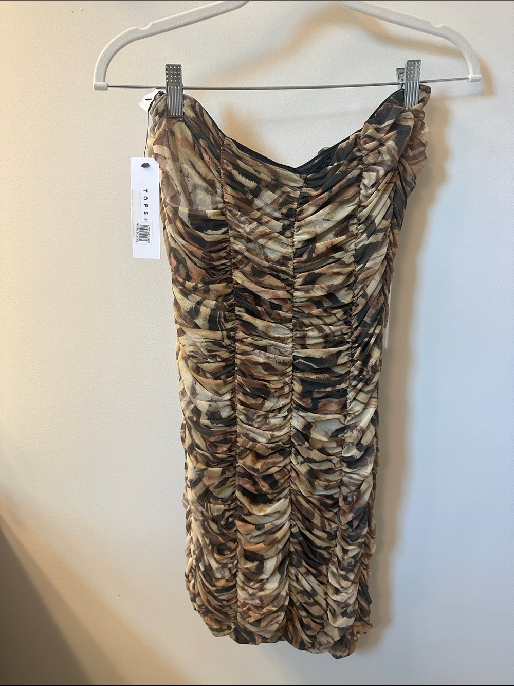 Topshop Brown and Cream Ruched Midi Skirt